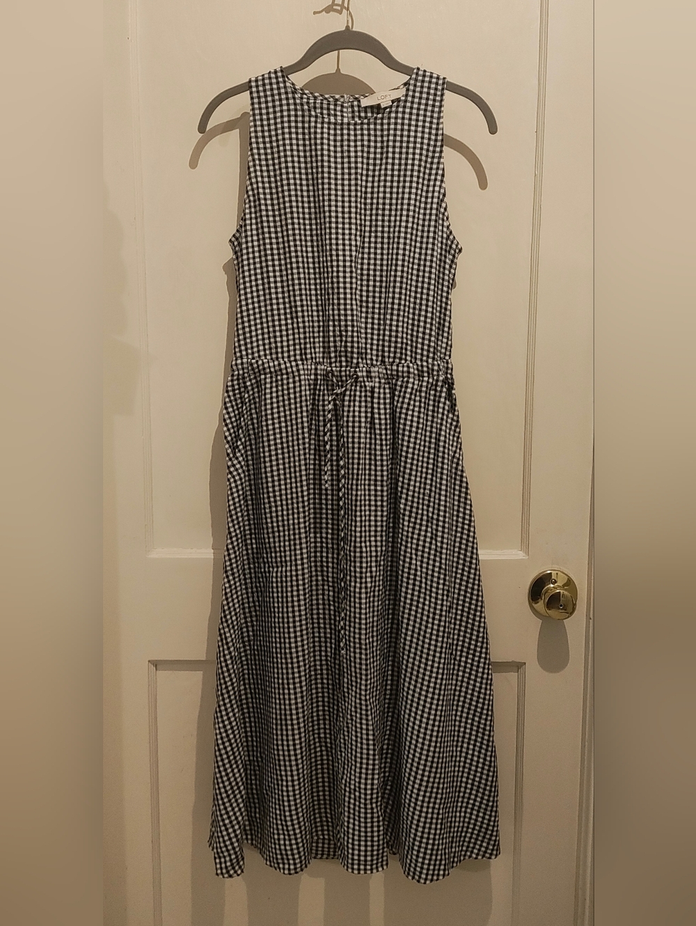 LOFT Black and White Gingham Midi Cutout Back Dress Women's Small
